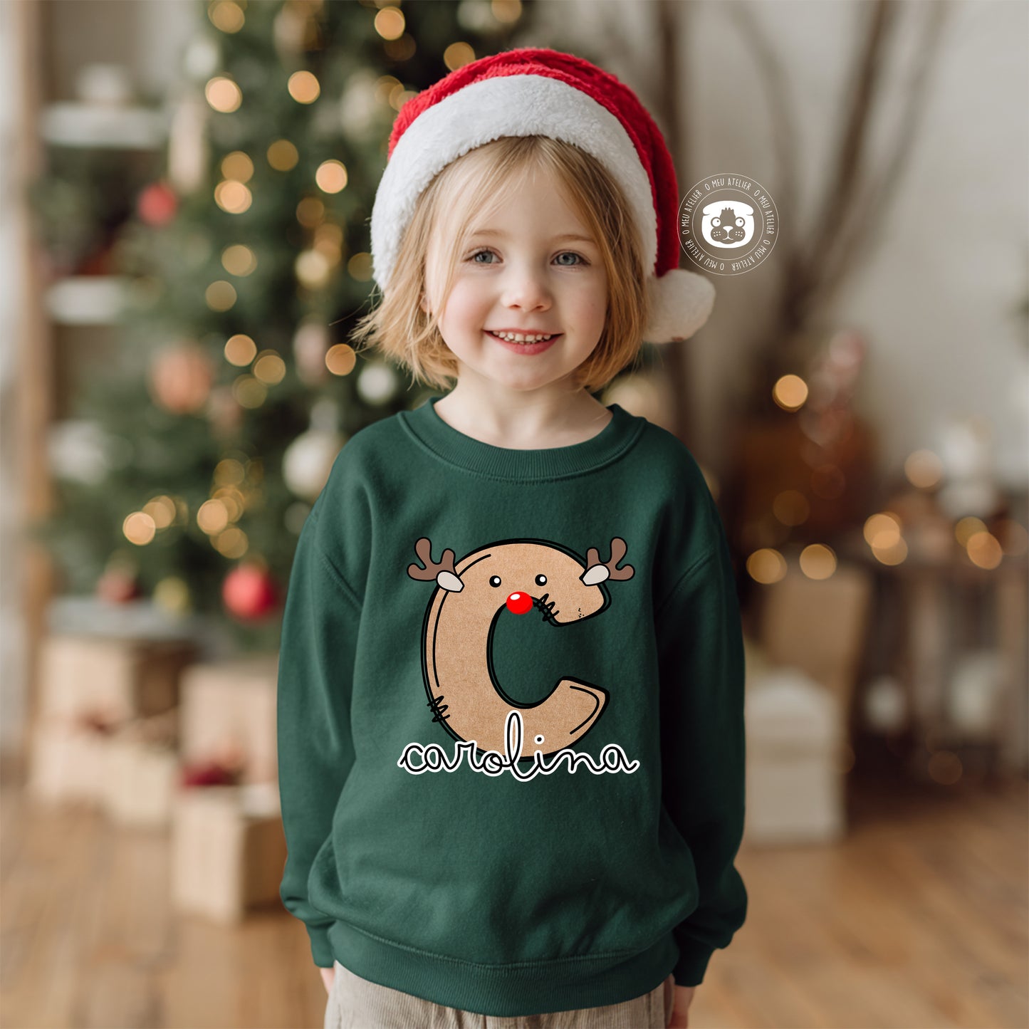 Sweat de Natal Personalizada com Nome – Rena Inicial – 100% Algodão Cardado