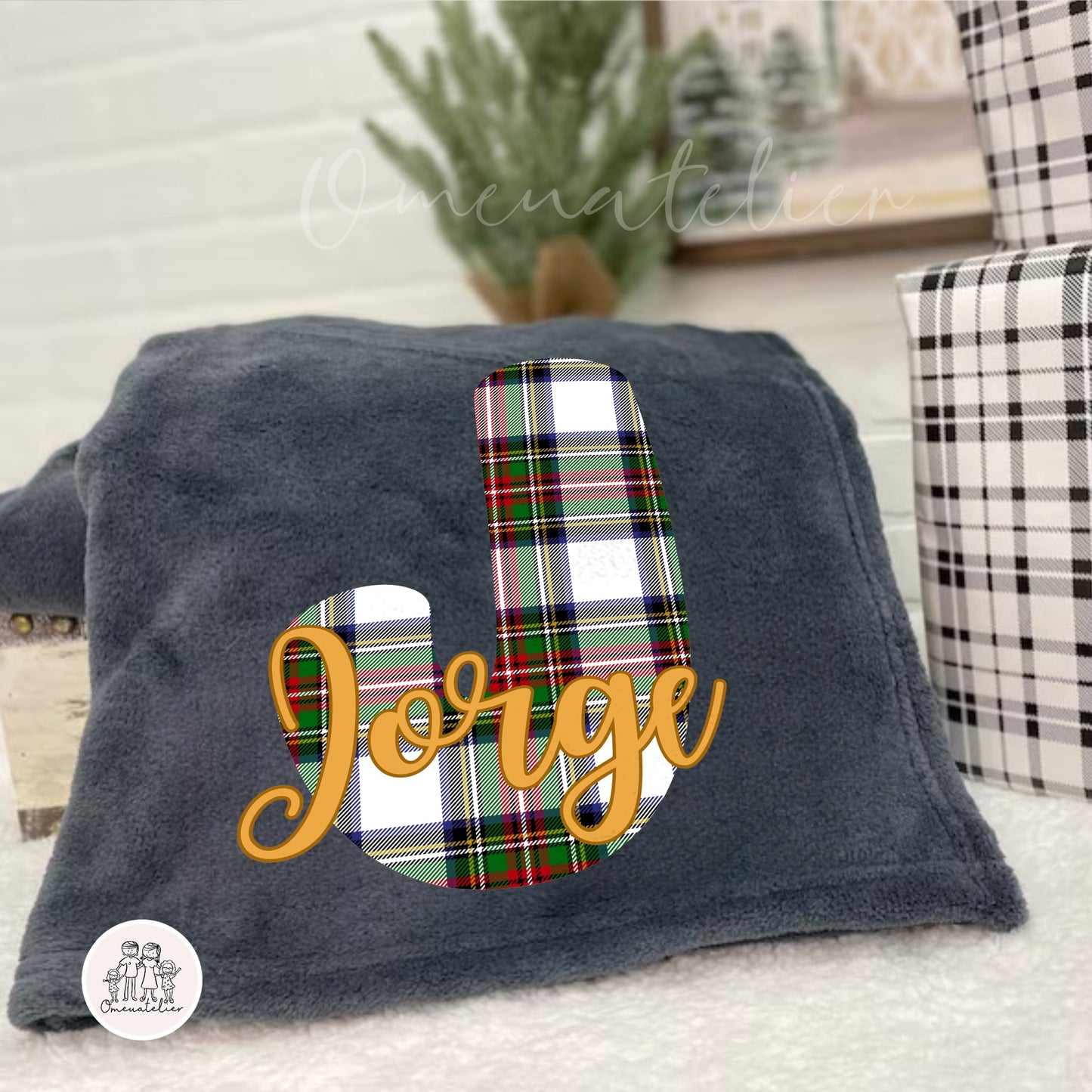 Manta Minky de Natal Personalizada “Inicial xadrez”
