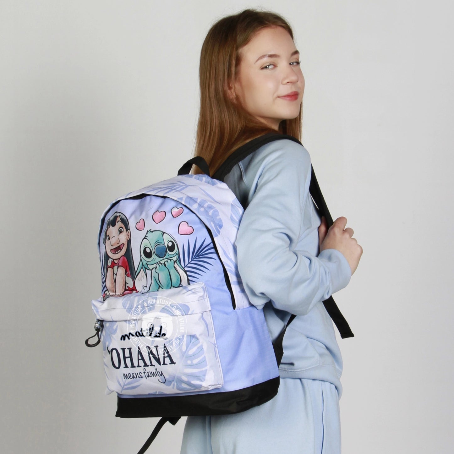 Mochila Personalizada Lilo & Stitch – "Ohana Means Family" com Nome