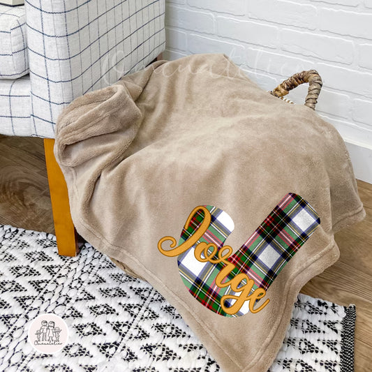 Manta Minky de Natal Personalizada “Inicial xadrez”