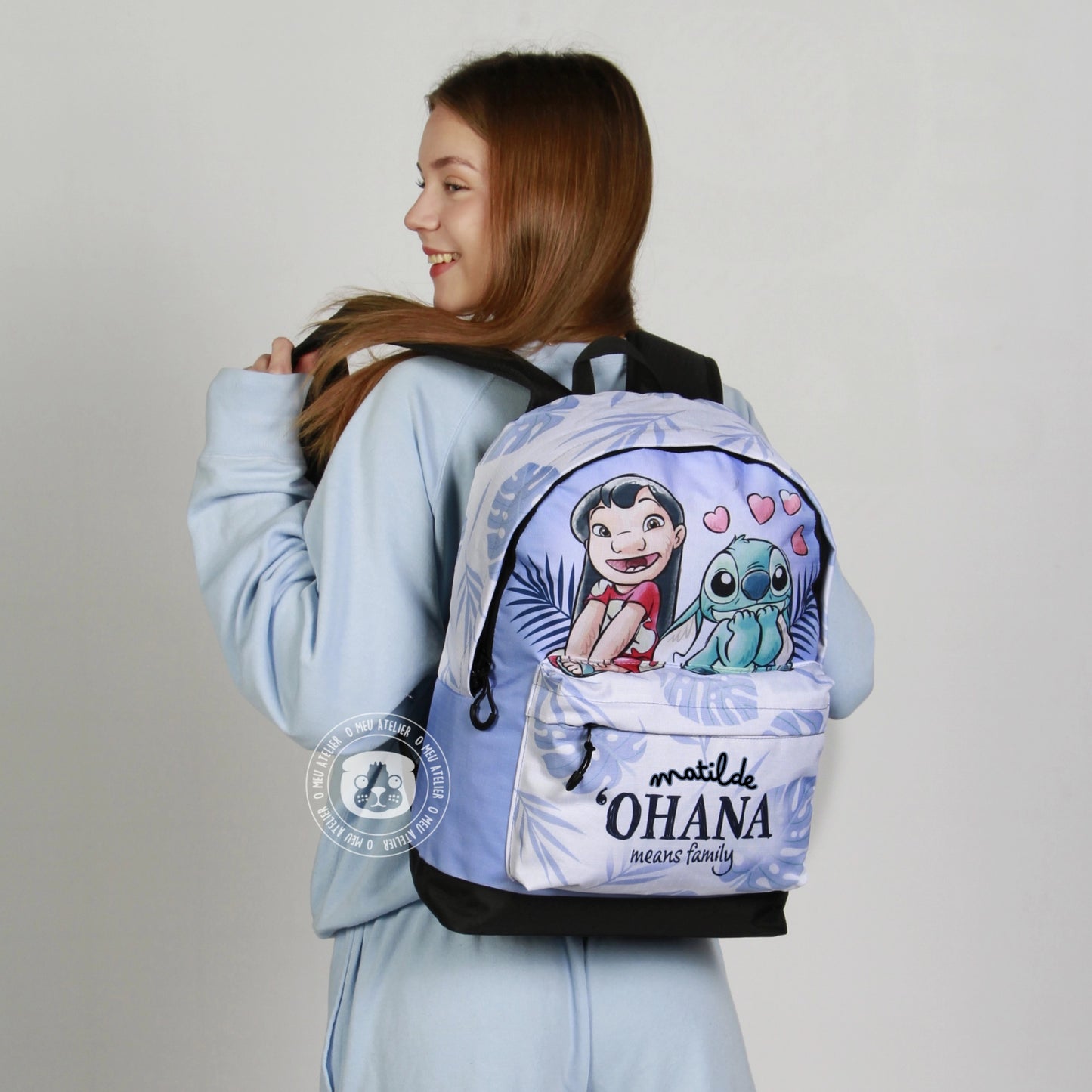 Mochila Personalizada Lilo & Stitch – "Ohana Means Family" com Nome