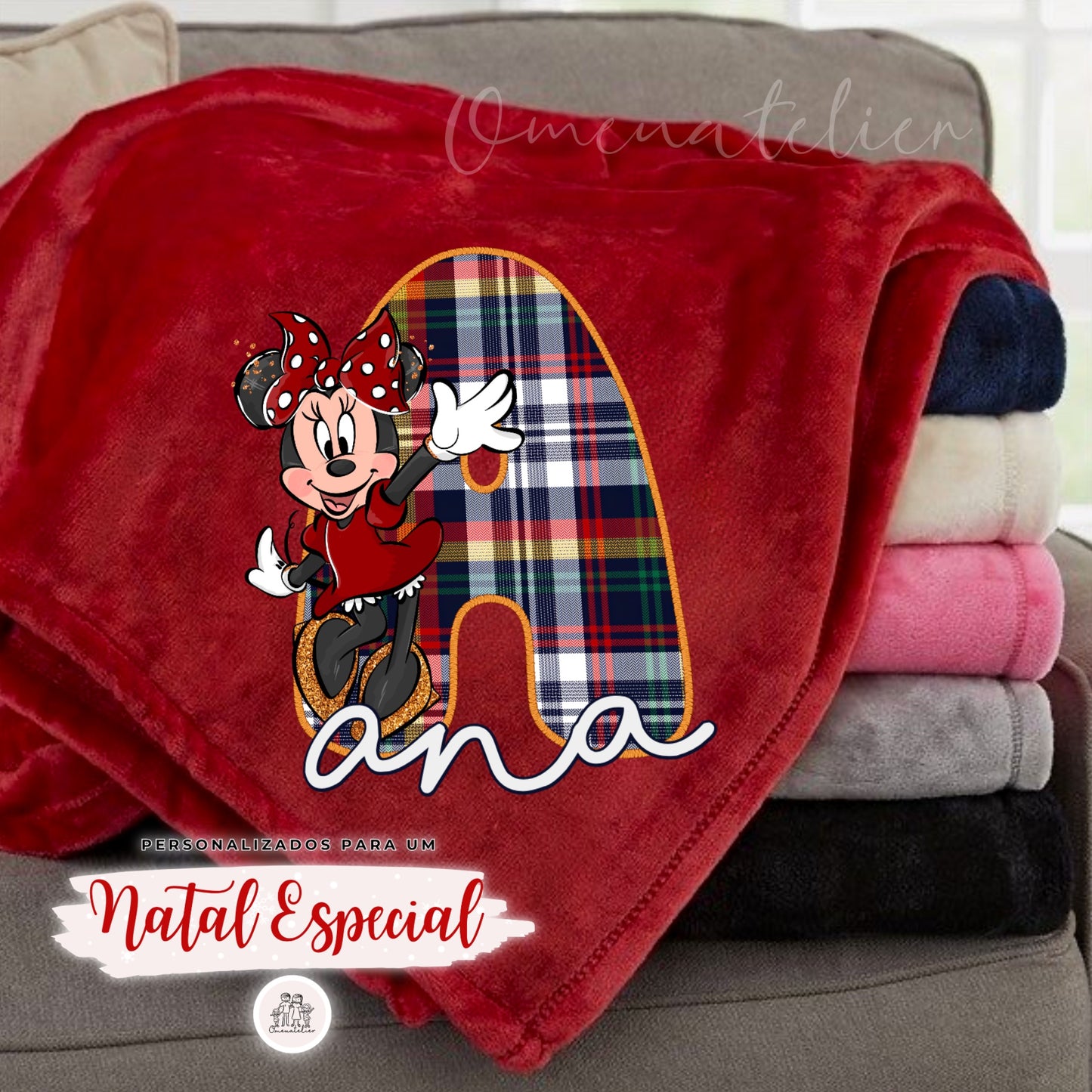 Manta Minky de Natal Personalizada “Inicial Minnie”