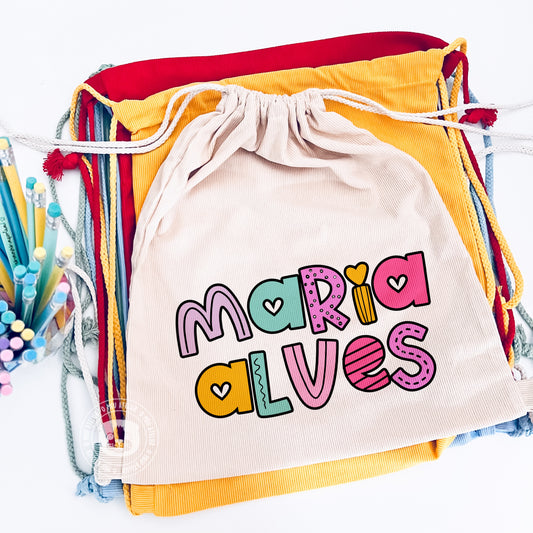 Saco Mochila Personalizado com Nome – Tecido Estilo Bombazina