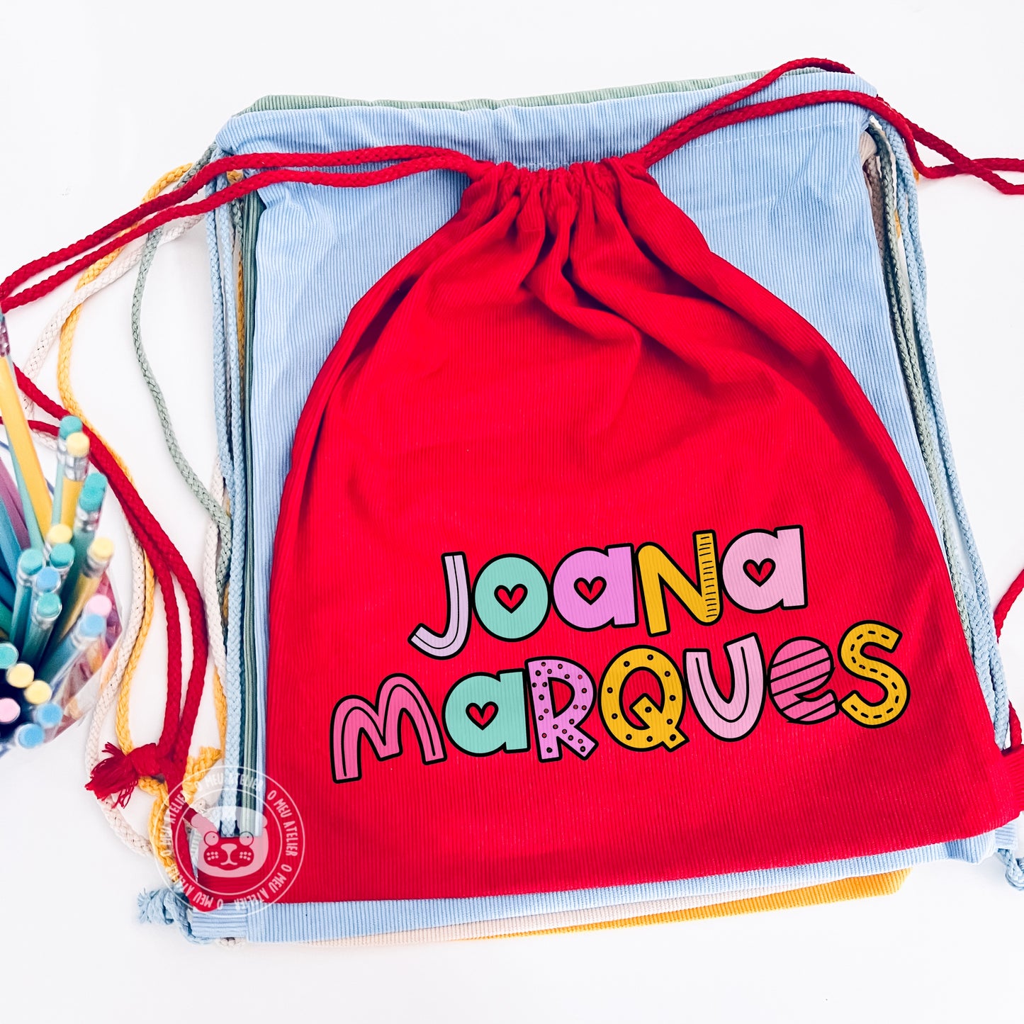 Saco Mochila Personalizado com Nome – Tecido Estilo Bombazina