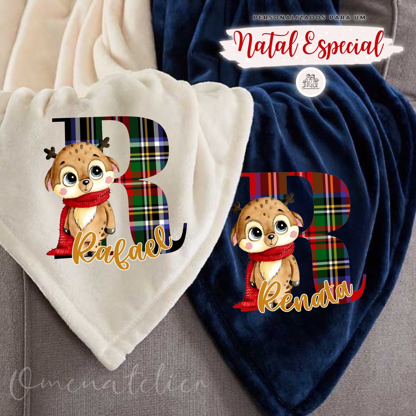 Manta Minky de Natal Personalizada “Reninha Xadrez”