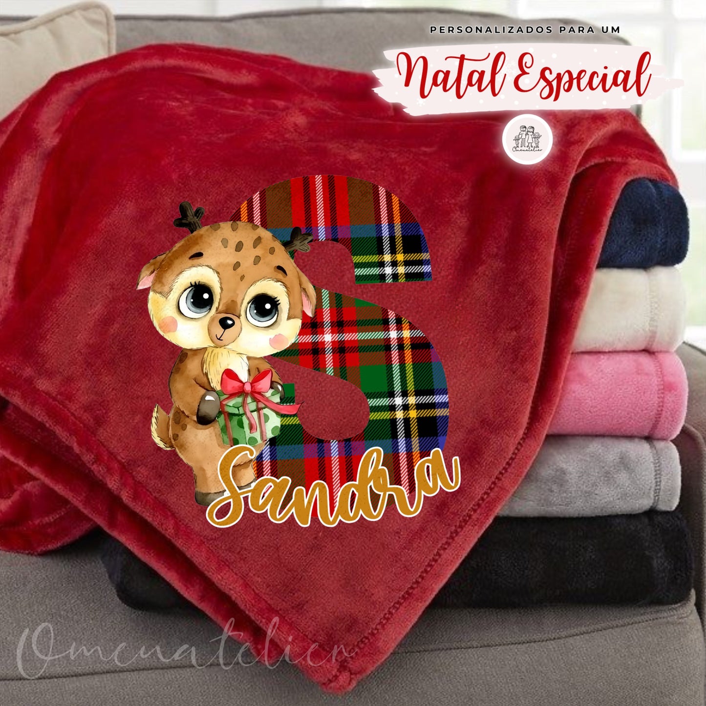 Manta Minky de Natal Personalizada “Reninha Xadrez”