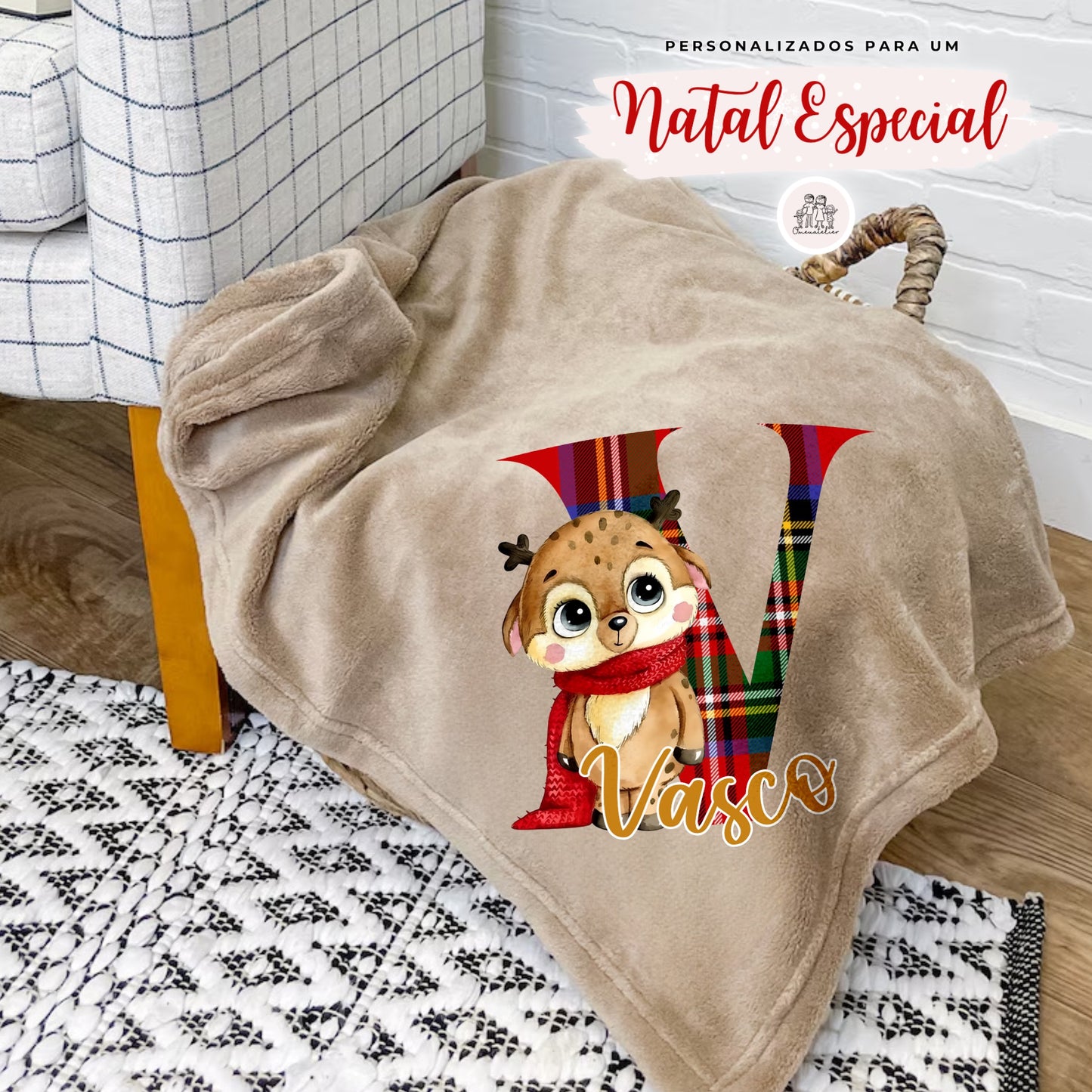 Manta Minky de Natal Personalizada “Reninha Xadrez”