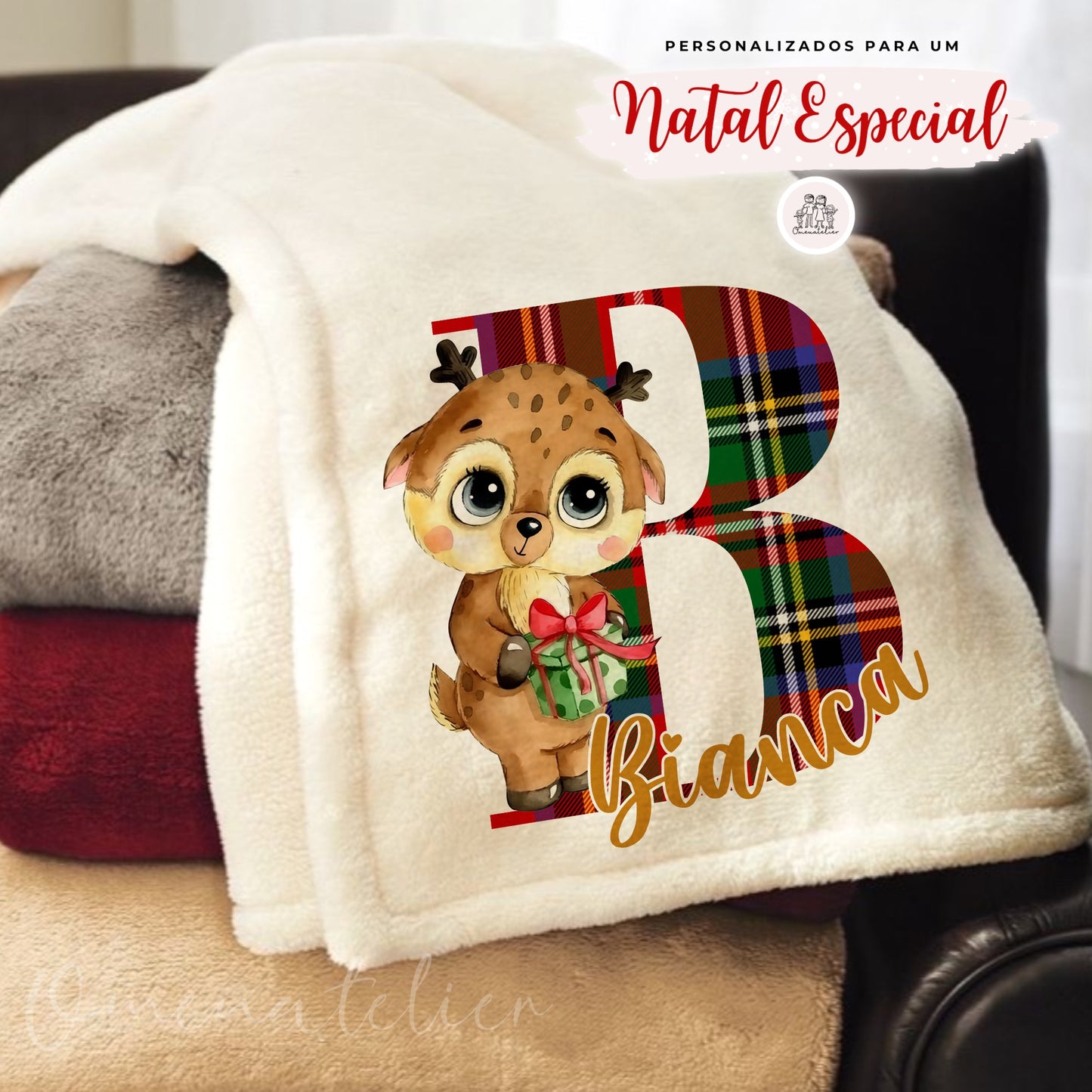 Manta Minky de Natal Personalizada “Reninha Xadrez”
