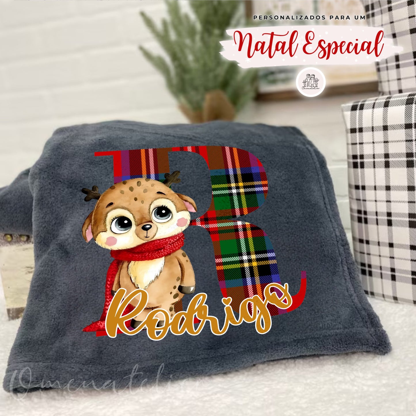 Manta Minky de Natal Personalizada “Reninha Xadrez”