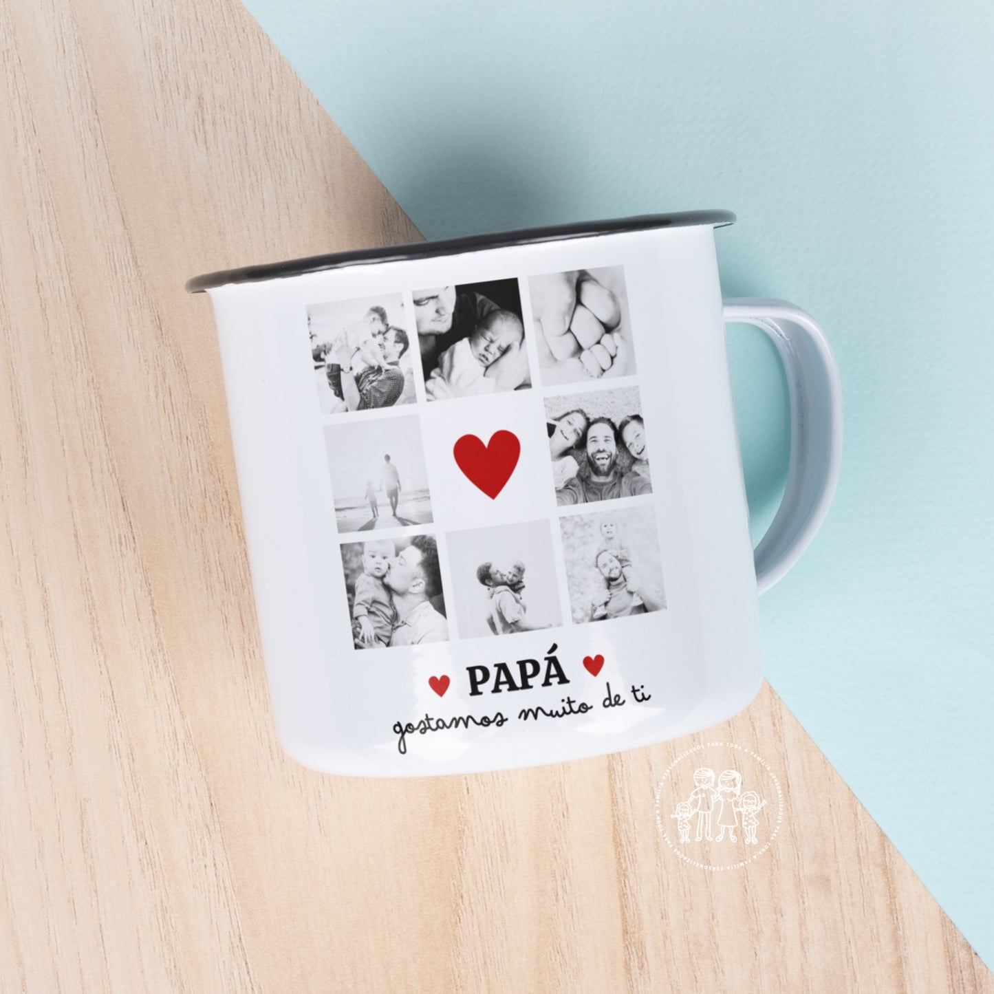 Caneca de esmalte personalizada com fotos “Papá gostamos muito de ti”