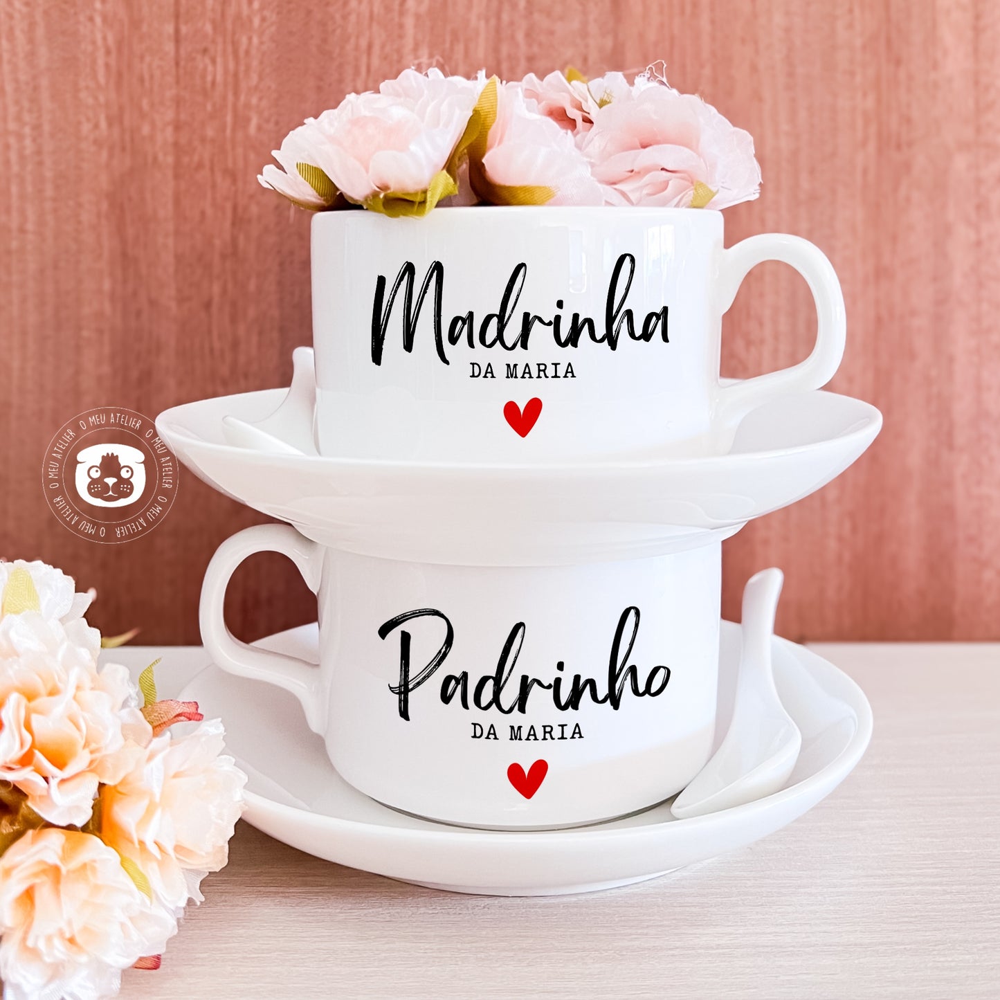Conjunto de Chávenas de Café com Leite Personalizadas c/Prato e Colher “Padrinhos”