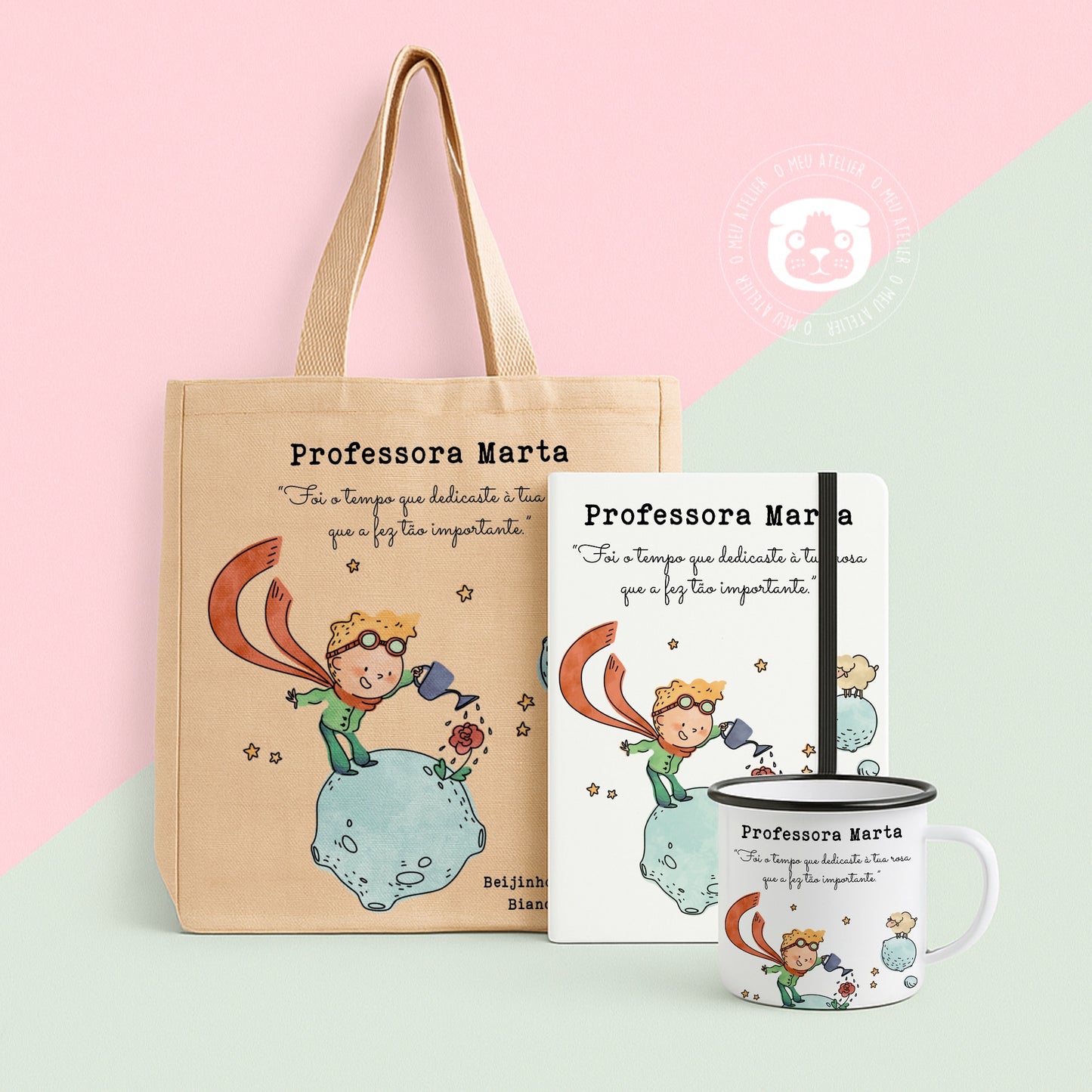 Conjunto “O Tempo Que Dedicamos” – Caneca Esmalte + Bloco de Notas A5 + Sacola de Juta | Presente para Educadoras, Professoras ou Auxiliares