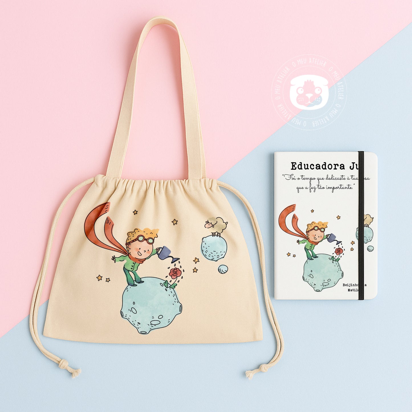 Conjunto “O Tempo Que Dedicamos” – Bloco de Notas A5 + Saco de Algodão | Presente para Educadoras, Professoras ou Auxiliares (Copiar)