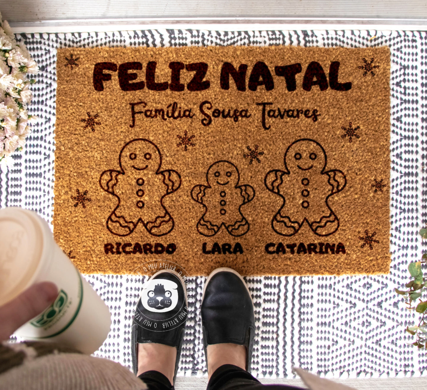 Tapete de entrada personalizado - Família Bolachinhas Natal