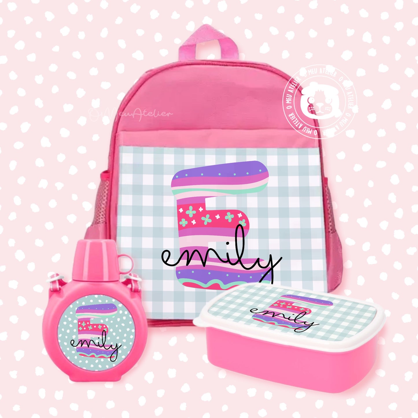 Kit Personalizado para Férias – Mochila, Cantil e Caixa-Lanche com Nome