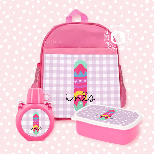 Kit Personalizado para Férias – Mochila, Cantil e Caixa-Lanche com Nome