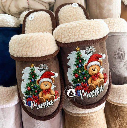 Chinelos de Natal Personalizados com Ursinho – Super Macios e Confortáveis