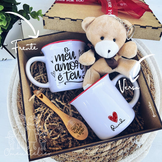 Caneca de Cerâmica C/colher de bambu e Porta-chaves ursinho “O meu amor é teu”