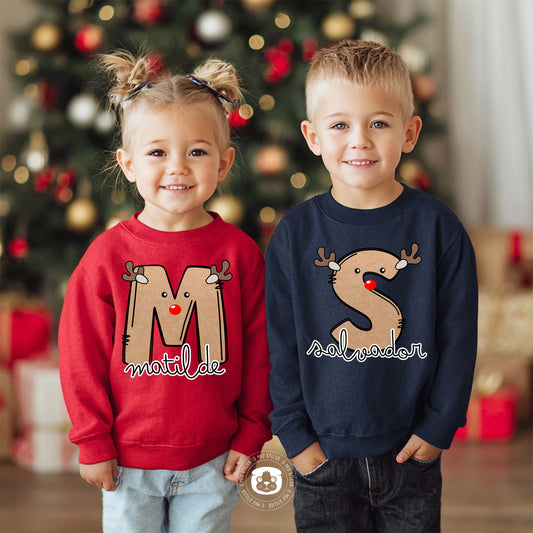 Sweat de Natal Personalizada com Nome – Rena Inicial – 100% Algodão Cardado