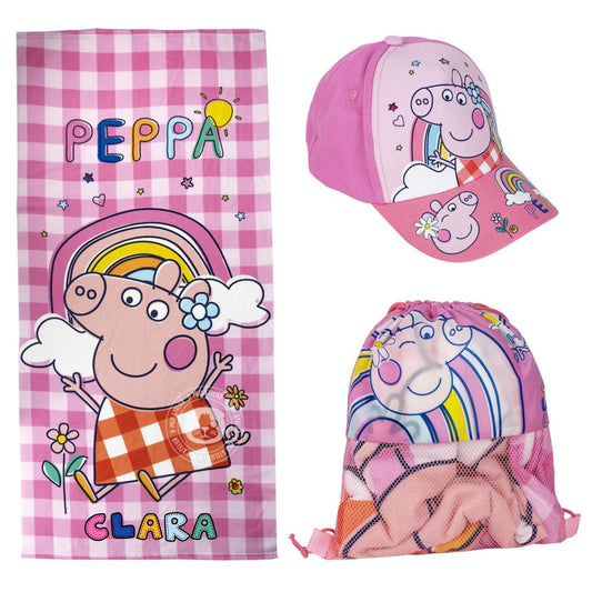 Conjunto de Verão Personalizado Peppa Pig – Toalha, Boné e Mochila com Nome
