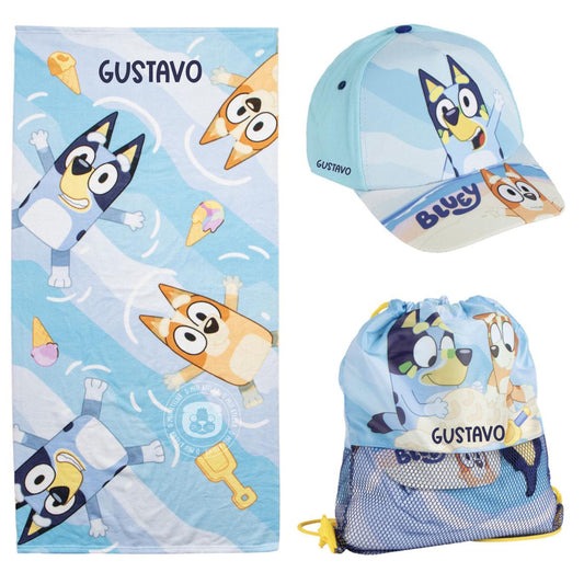 Conjunto de Verão Personalizado Bluey – Toalha, Boné e Mochila Saco com Nome