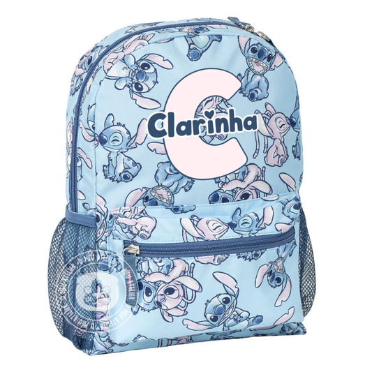 Mochila Stitch & Angel Azul Personalizada com Nome – Modelo Infantil