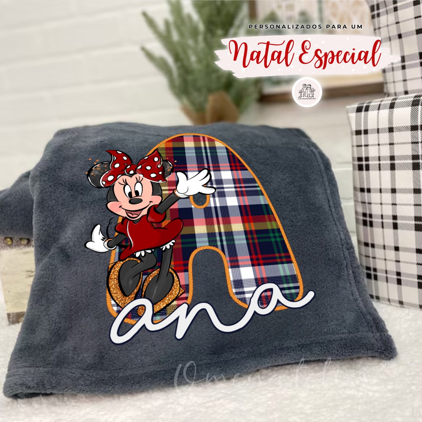 Manta Minky de Natal  Personalizada “Inicial Minnie”