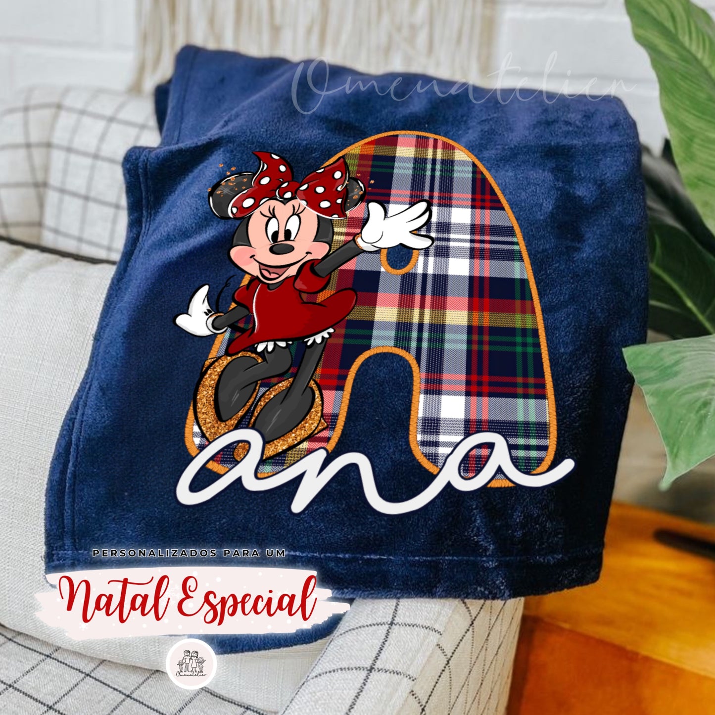 Manta Minky de Natal  Personalizada “Inicial Minnie”