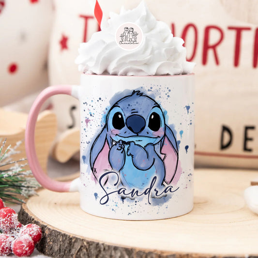 Caneca de cerâmica pega e interior rosa  personalizada “Stitch”