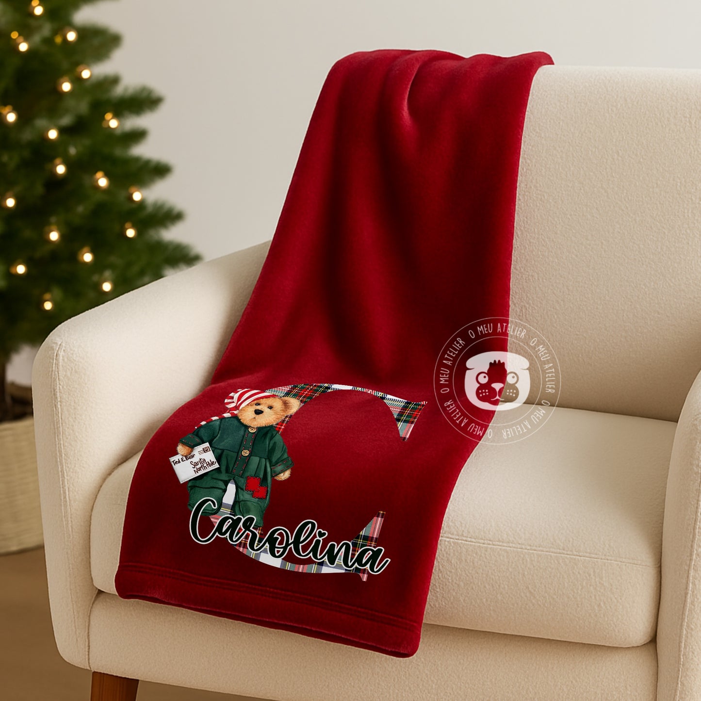 Manta Personalizada de Natal com Nome – Ursinho Fofo