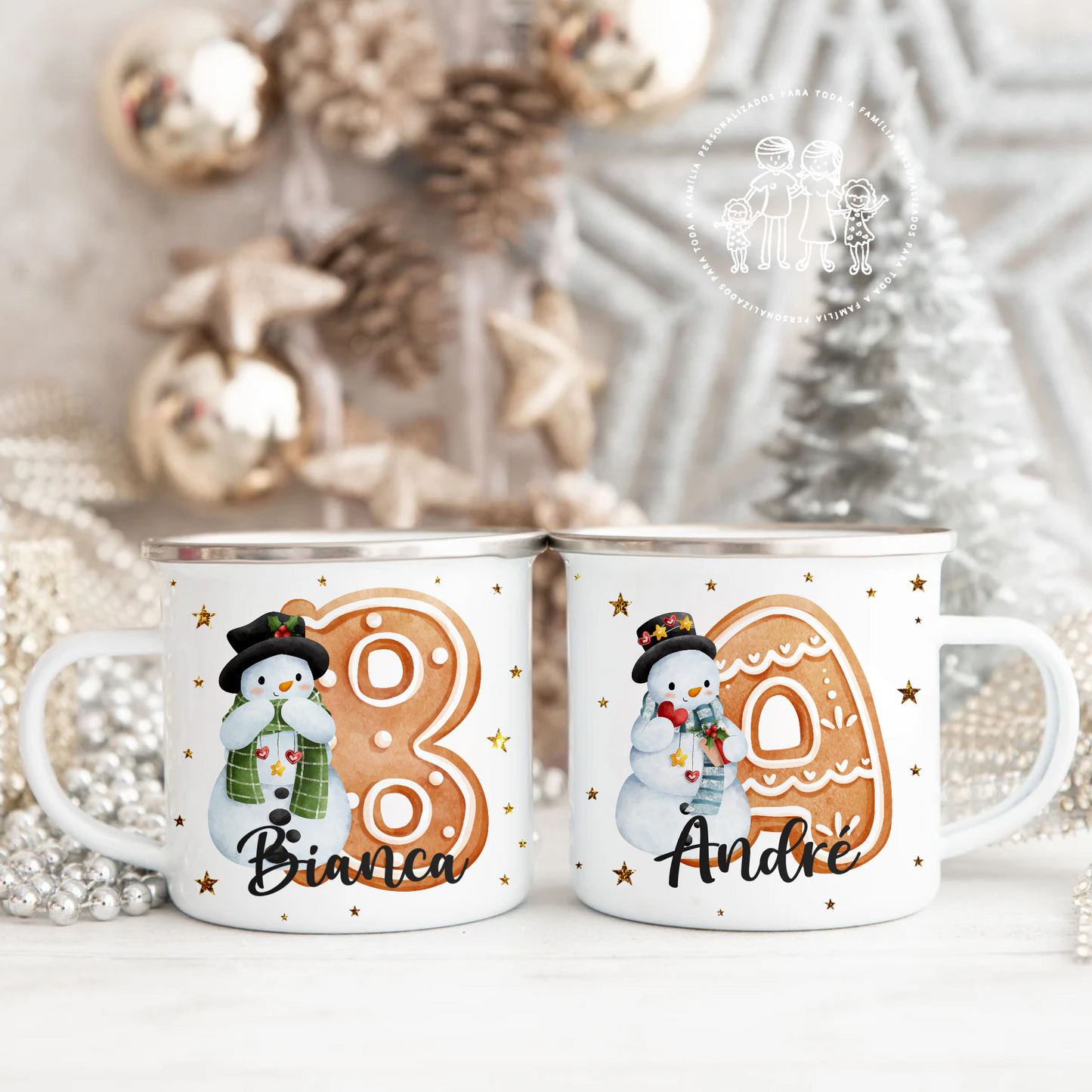 Caneca de esmalte personalizada de Natal “Bonecos de Neve”