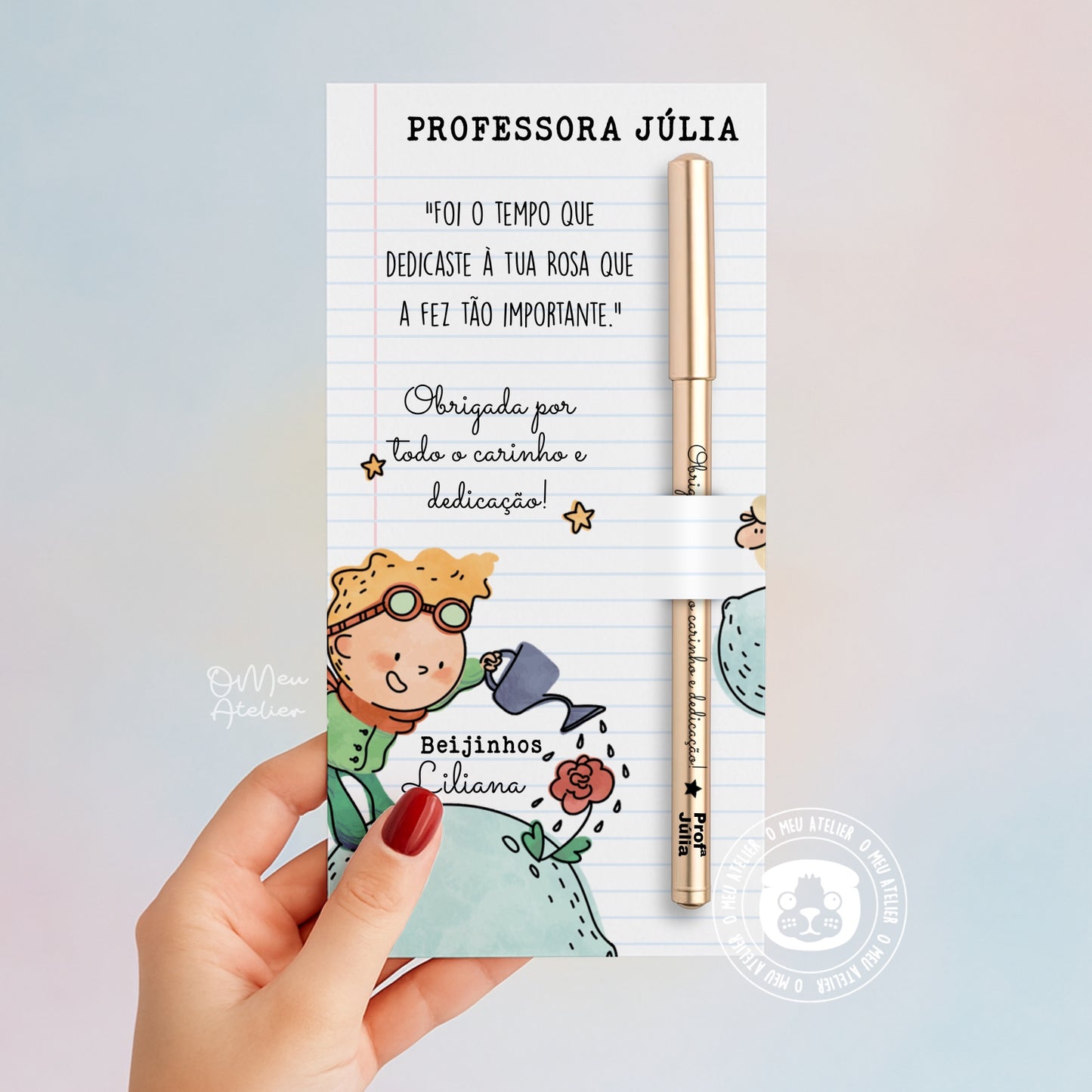 Esferográfica Gel com Cartão “O Tempo Que Dedicamos” | Lembrança para Educadoras, Professoras ou Auxiliares