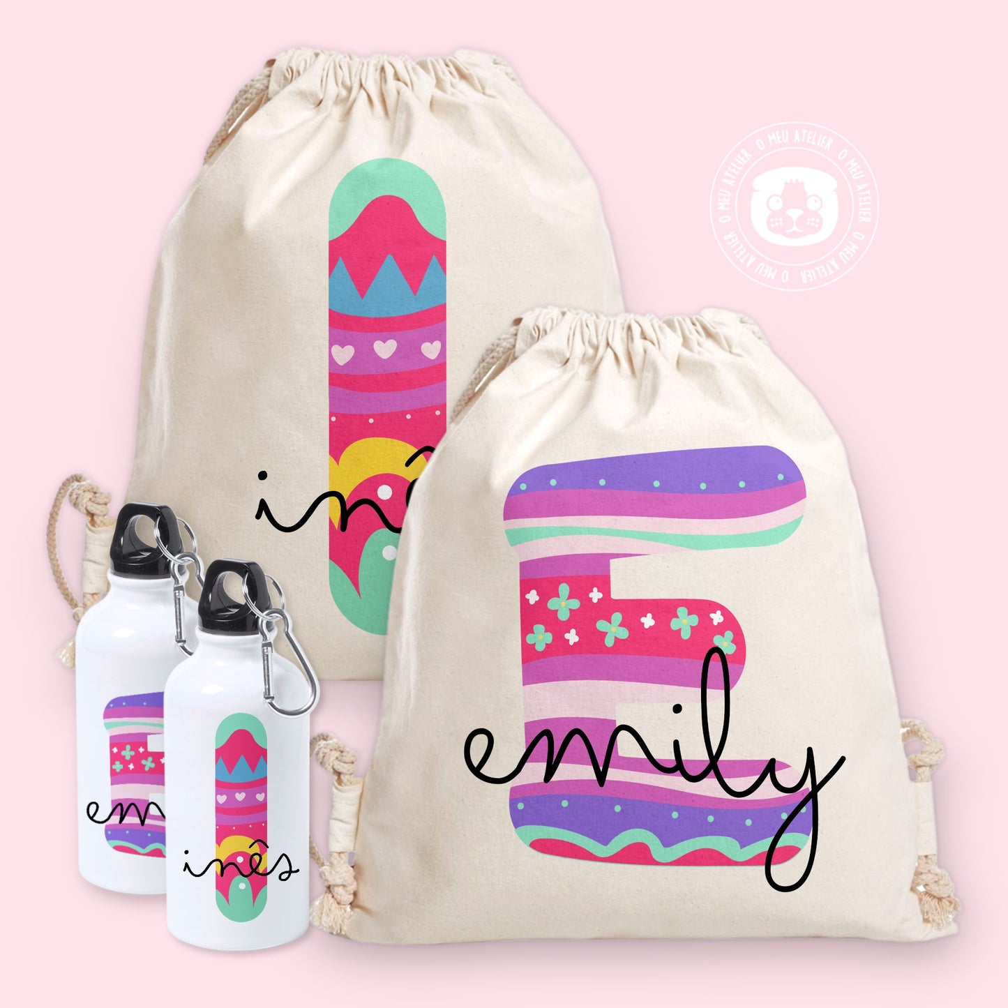 Conjunto Personalizado: Mochila Saco + Cantil com Nome e Letra Decorada