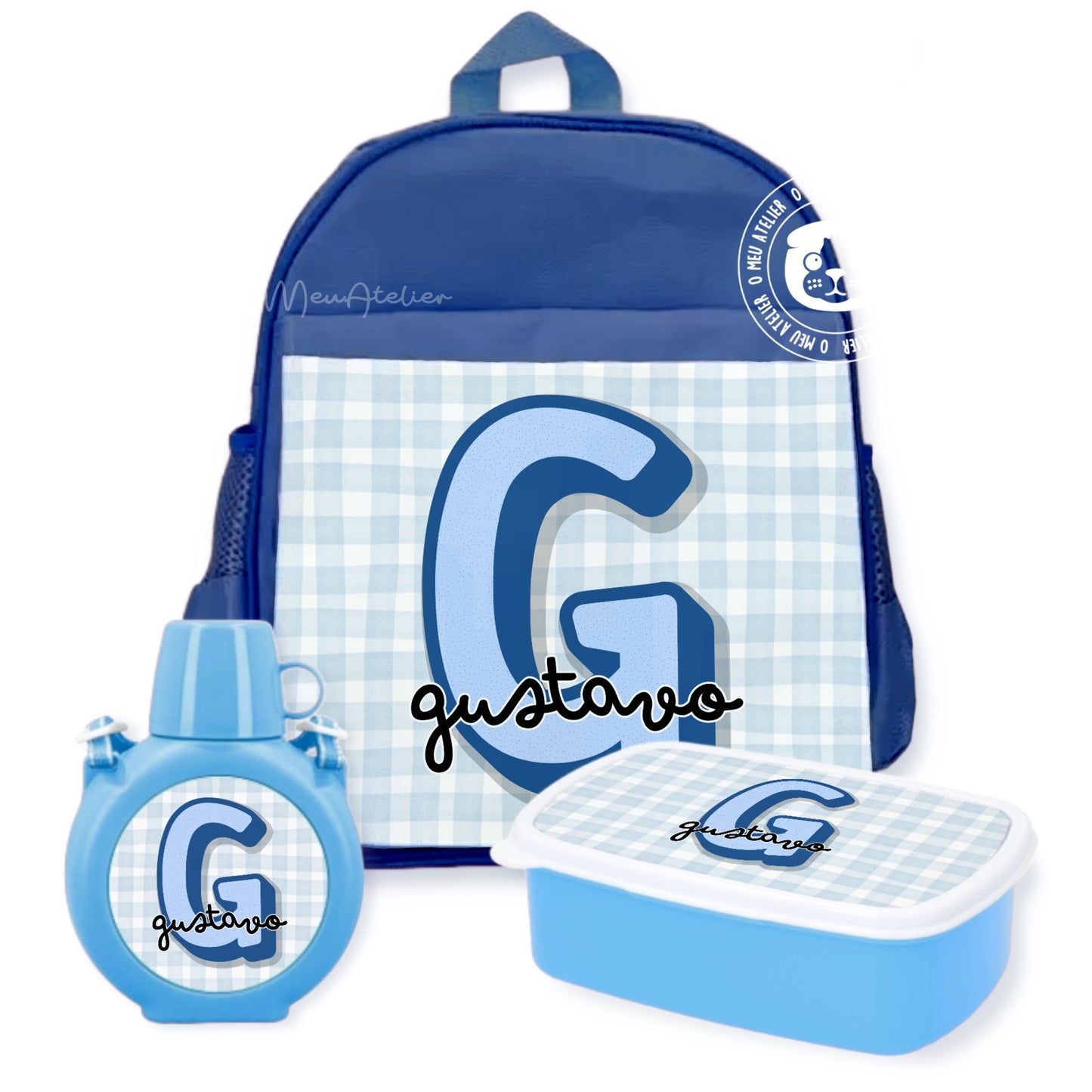 Kit Personalizado para Férias – Mochila, Cantil e Caixa-Lanche com Nome