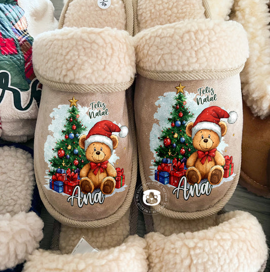 Chinelos de Natal Personalizados com Ursinho – Super Macios e Confortáveis