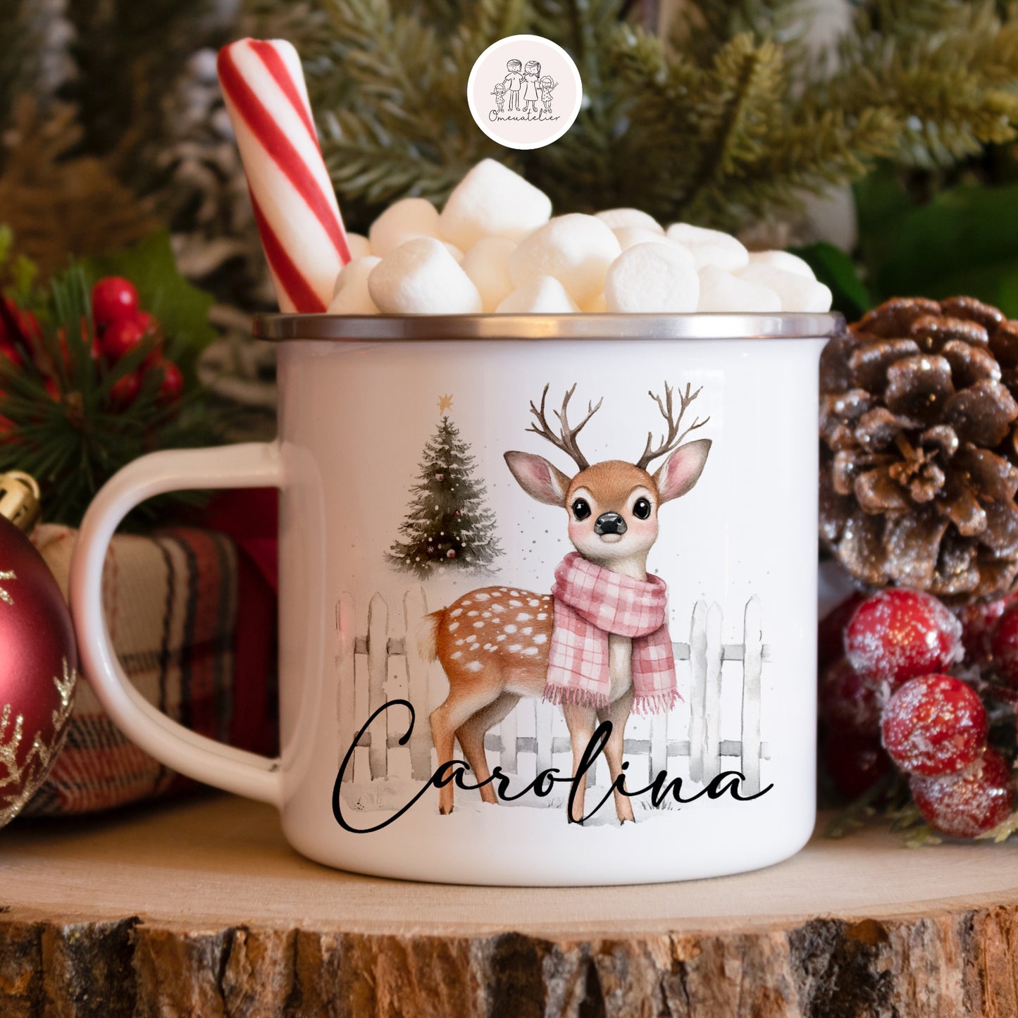 Caneca de esmalte Natal “Rena” C/nome